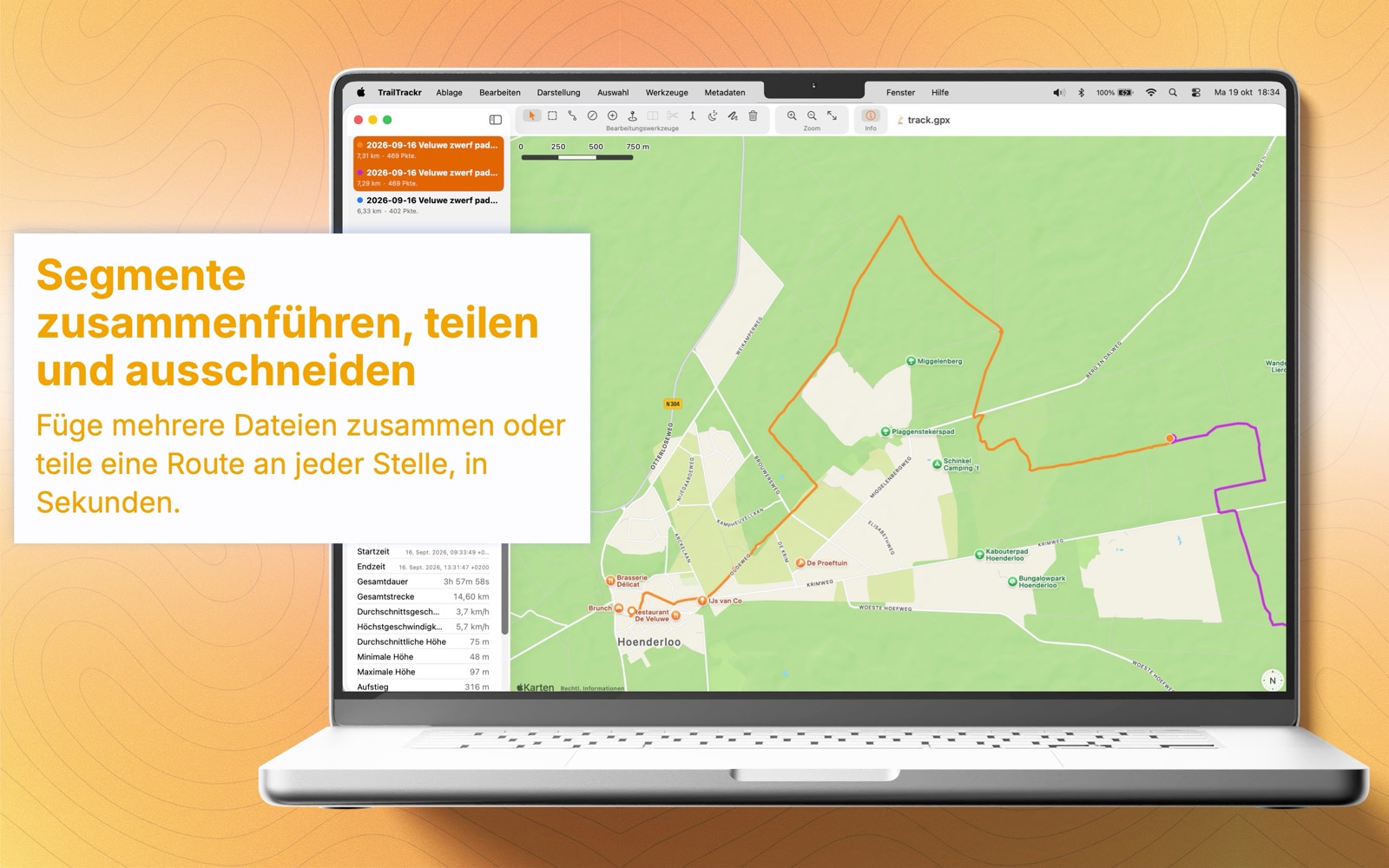 TrailTrackr für Mac mit einer Route in drei Segmenten, zwei davon zum Zusammenführen ausgewählt