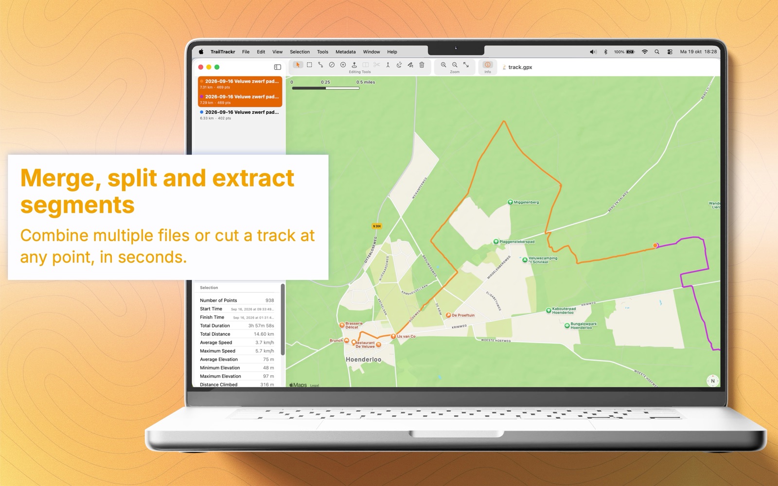 TrailTrackr for Mac with a track in three segments, two of them selected to merge