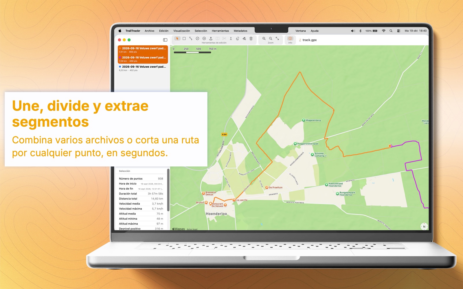 TrailTrackr para Mac con una ruta en tres segmentos, dos de ellos seleccionados para unirlos