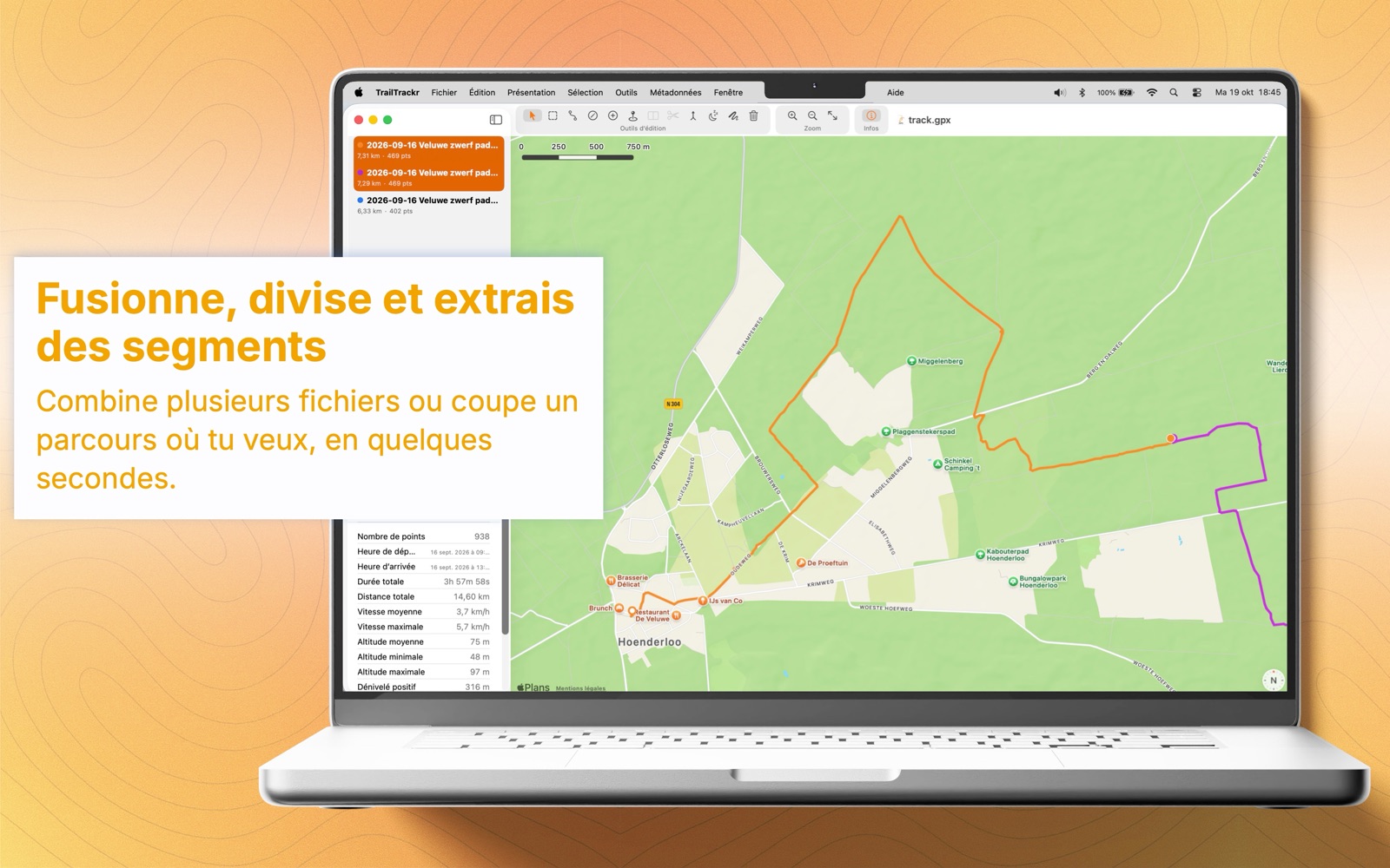 TrailTrackr pour Mac avec un parcours en trois segments, dont deux sélectionnés pour être fusionnés