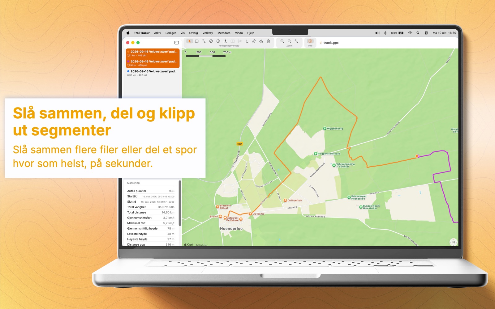 TrailTrackr for Mac med et spor i tre segmenter, der to er markert for å slås sammen
