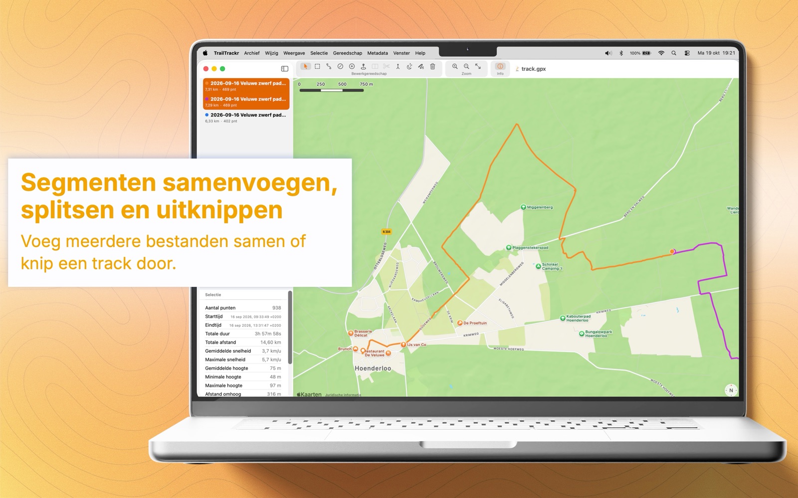 TrailTrackr voor Mac met een track in drie segmenten, waarvan er twee zijn geselecteerd om samen te voegen