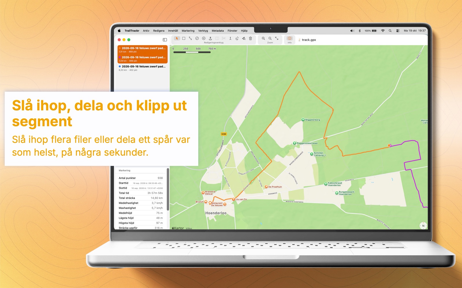 TrailTrackr för Mac med ett spår i tre segment, där två är markerade för att slås ihop