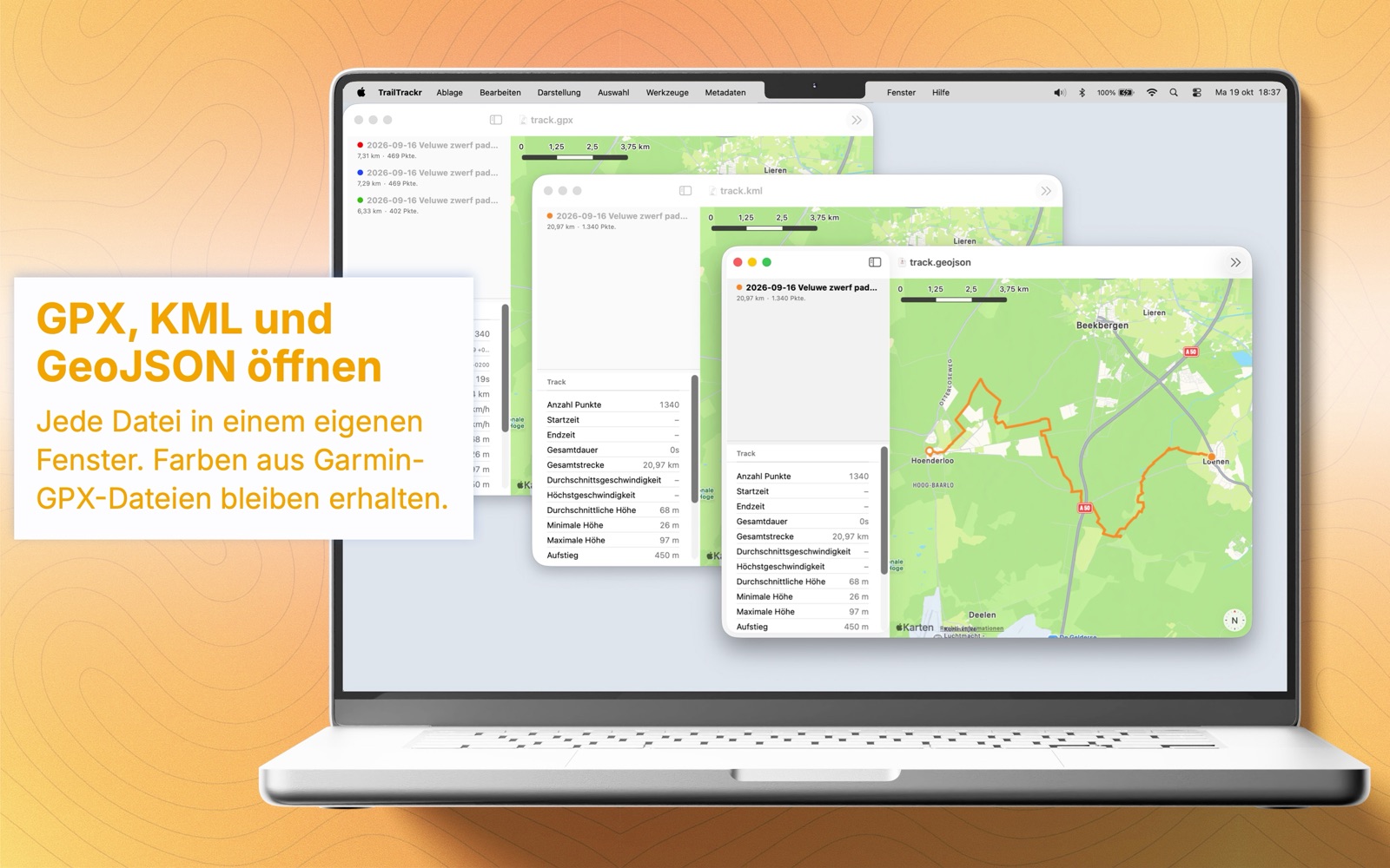 TrailTrackr für Mac mit einer GPX-, einer KML- und einer GeoJSON-Datei in drei Fenstern