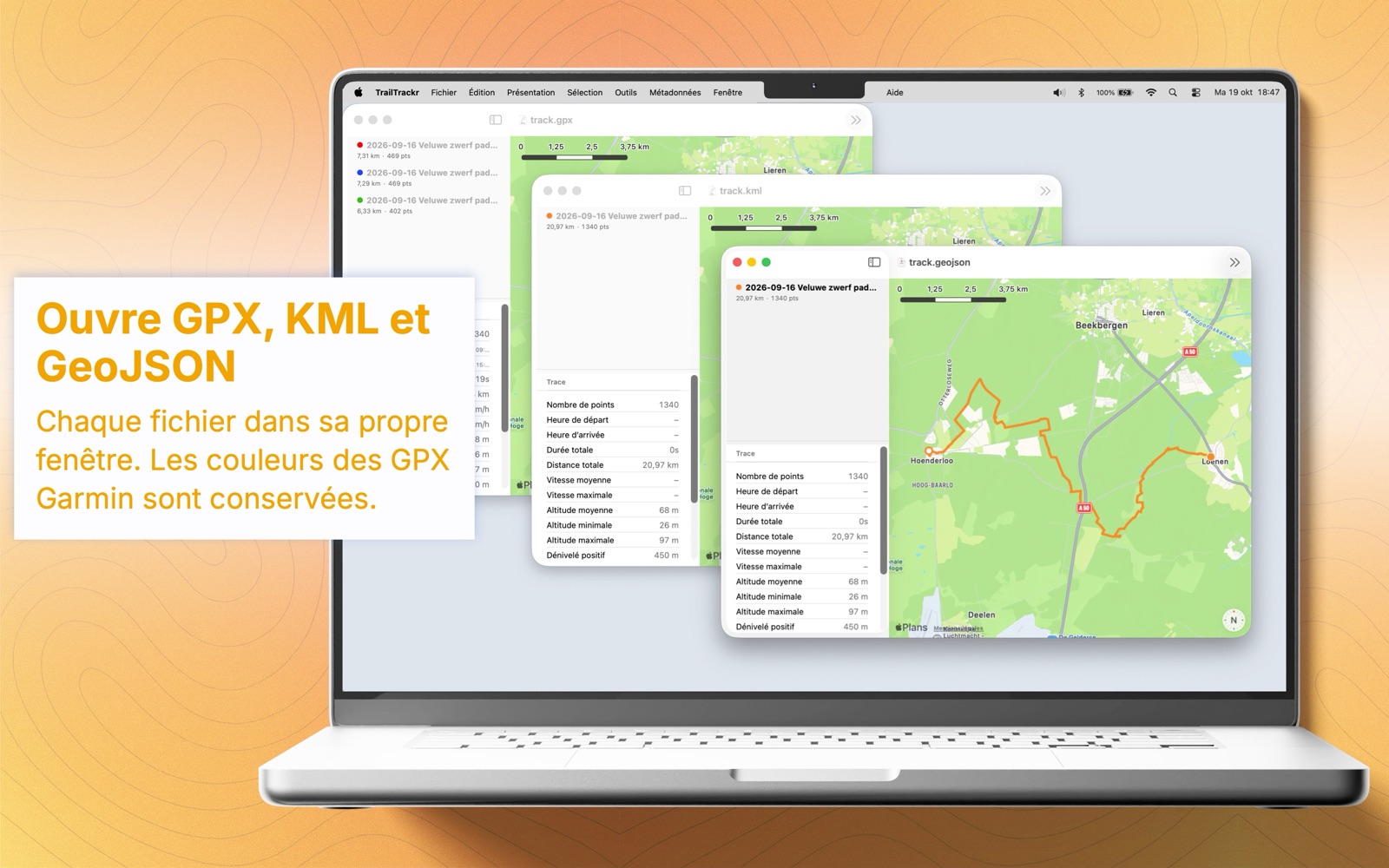 TrailTrackr pour Mac avec un fichier GPX, un fichier KML et un fichier GeoJSON ouverts dans trois fenêtres