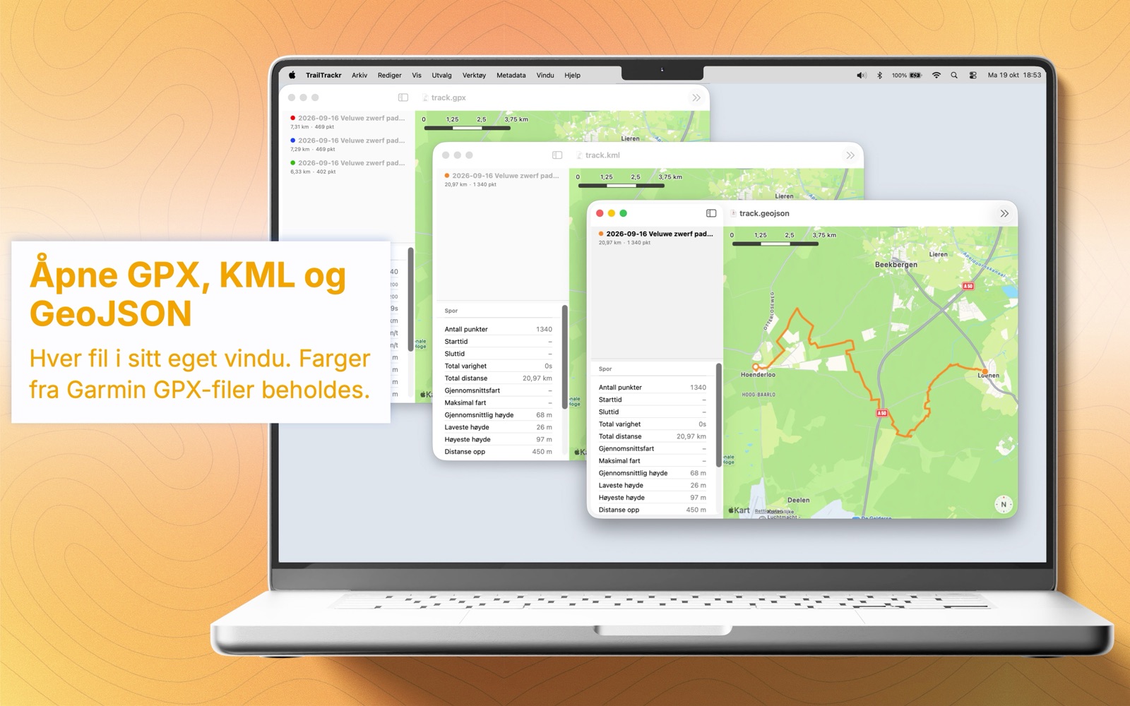 TrailTrackr for Mac med en GPX-, en KML- og en GeoJSON-fil åpne i tre vinduer