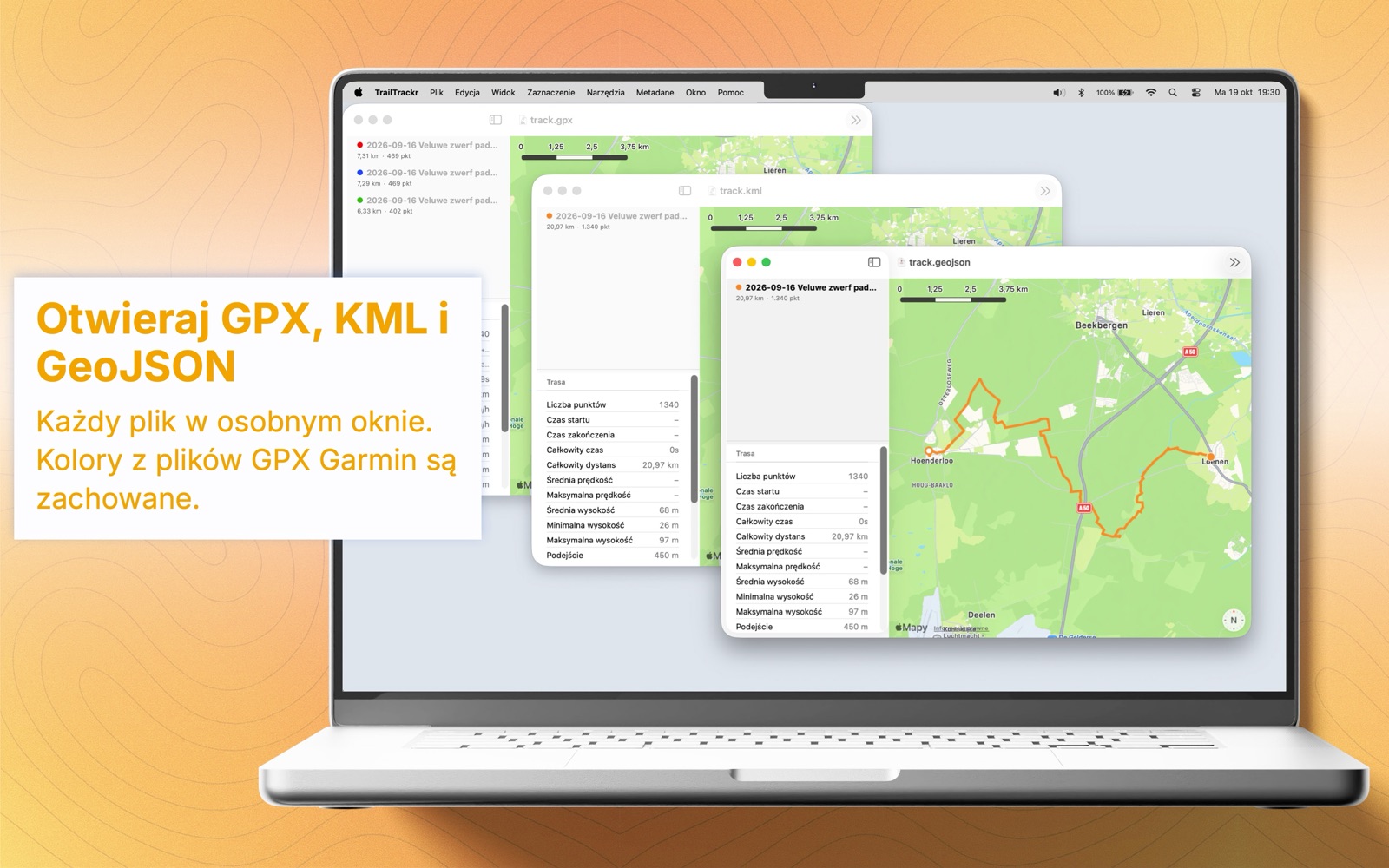 TrailTrackr na Maca z plikami GPX, KML i GeoJSON otwartymi w trzech oknach
