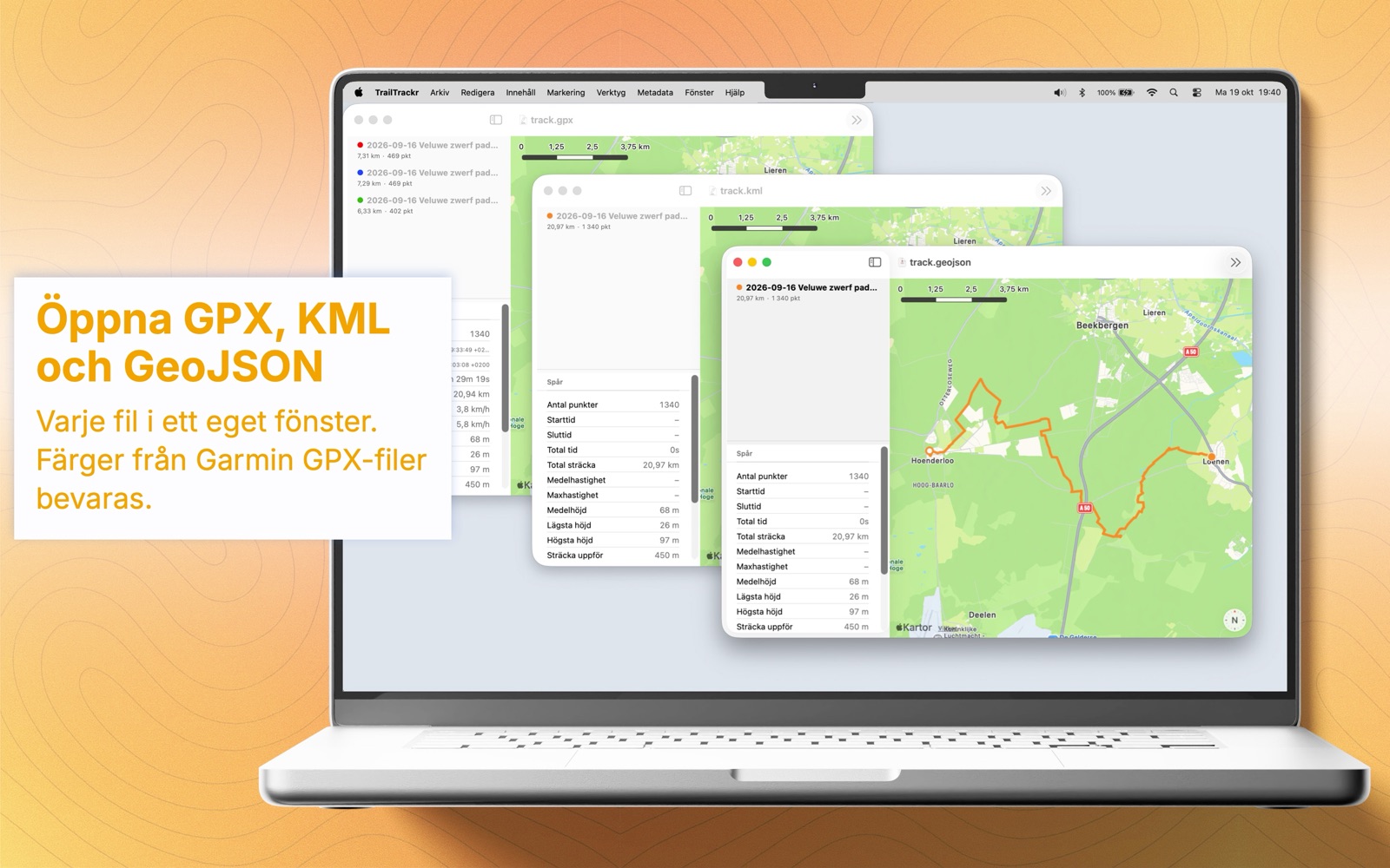 TrailTrackr för Mac med en GPX-, en KML- och en GeoJSON-fil öppna i tre fönster