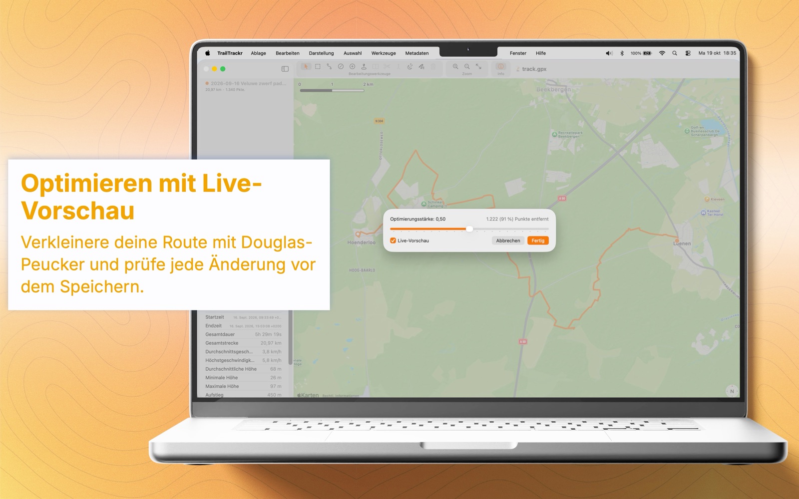 TrailTrackr für Mac, der Dialog Optimieren mit Live-Vorschau des Ergebnisses auf der Karte