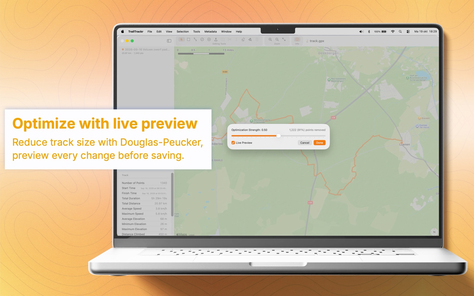 TrailTrackr for Mac Optimize dialog with a live preview of the result on the map