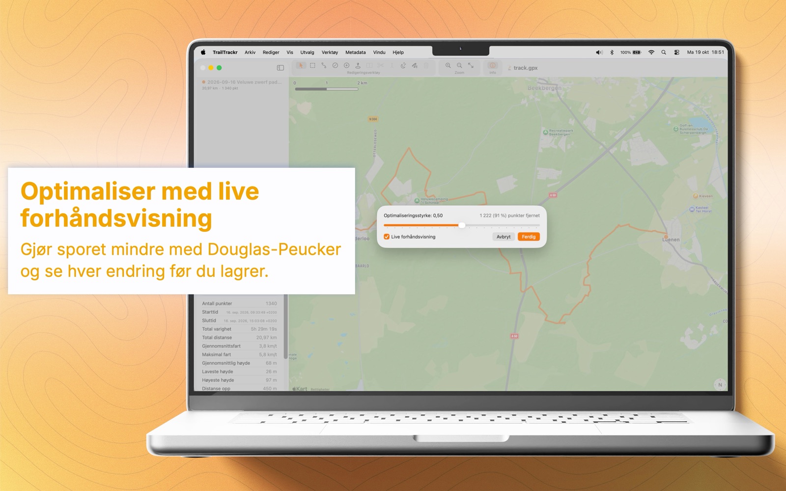 TrailTrackr for Mac, dialogen Optimaliser med live forhåndsvisning av resultatet på kartet
