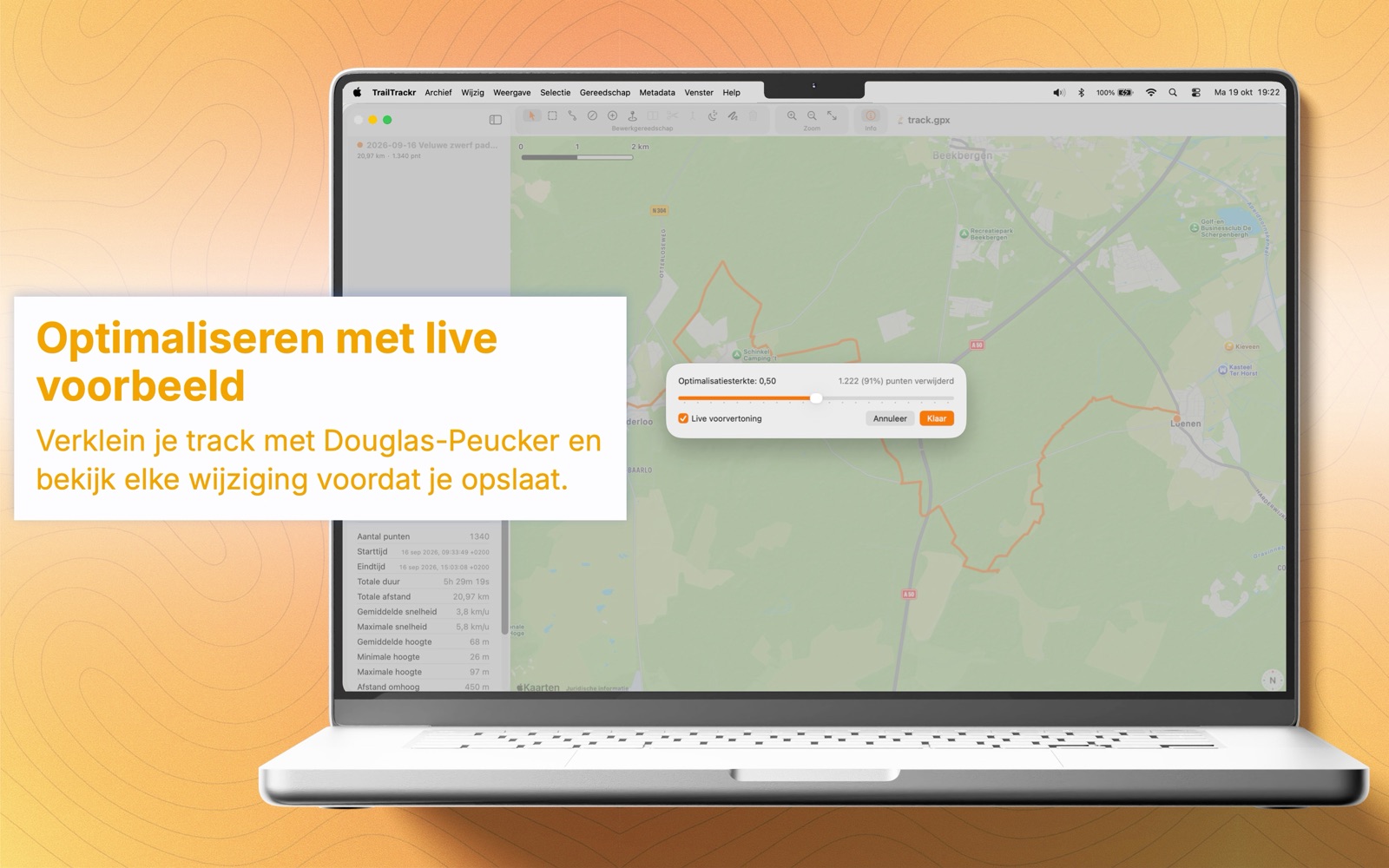 TrailTrackr voor Mac, het venster Optimaliseren met een live voorbeeld van het resultaat op de kaart