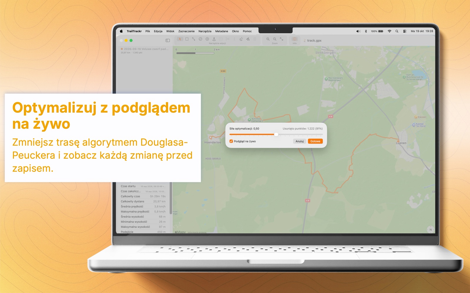 TrailTrackr na Maca, okno Optymalizuj z podglądem wyniku na żywo na mapie