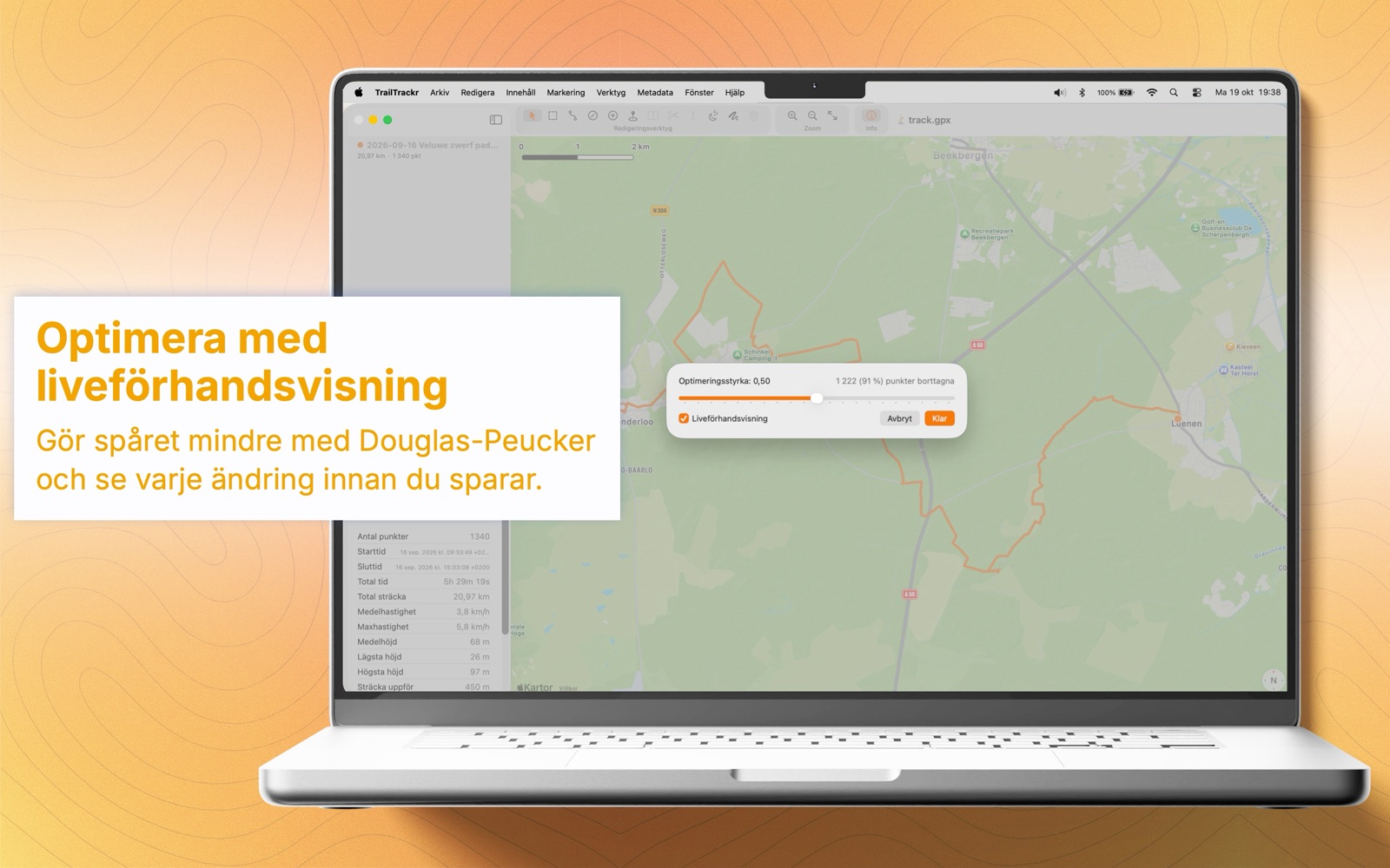 TrailTrackr för Mac, dialogen Optimera med liveförhandsvisning av resultatet på kartan
