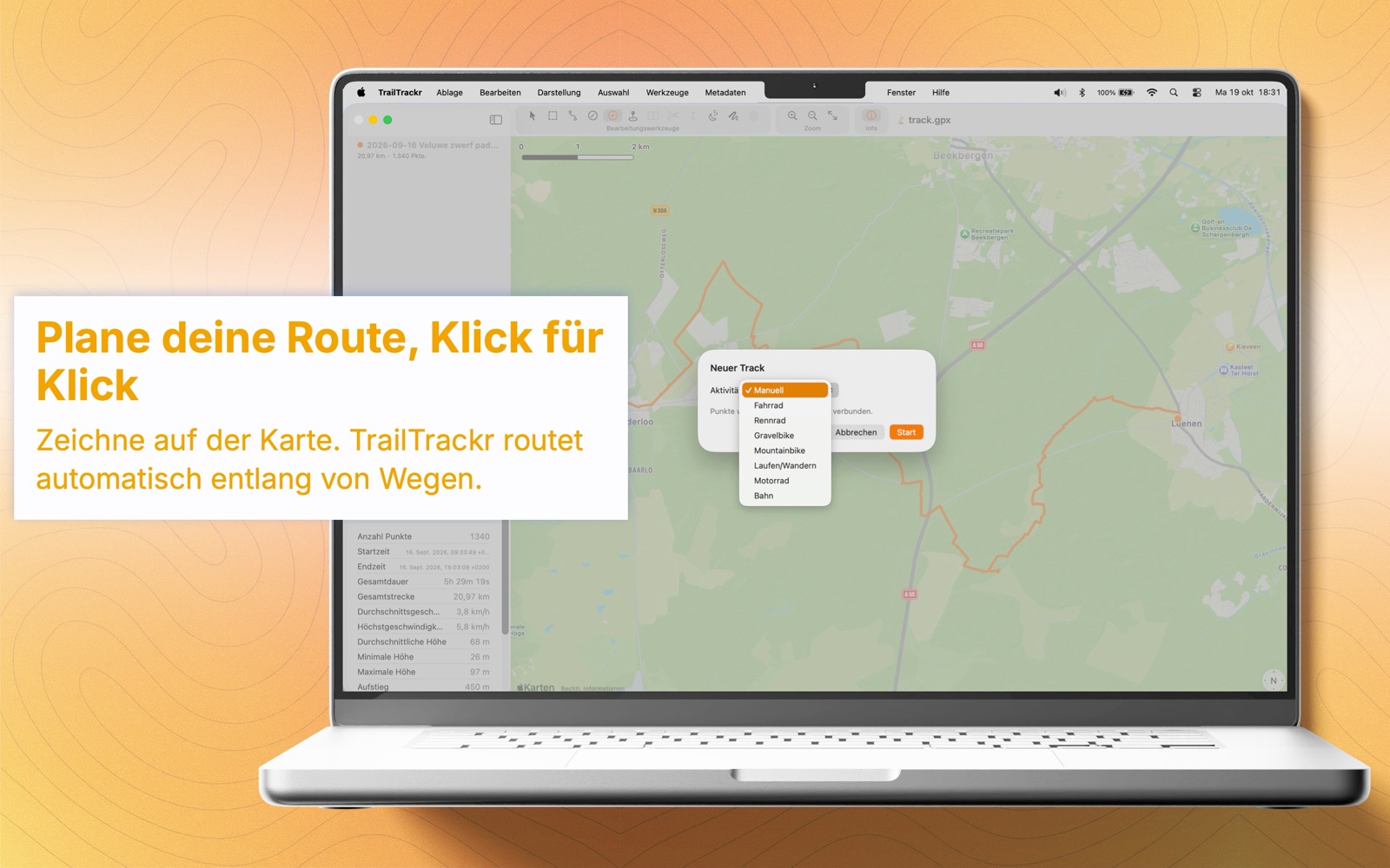 TrailTrackr für Mac mit dem Dialog zum Zeichnen einer neuen Route per Klick auf die Karte