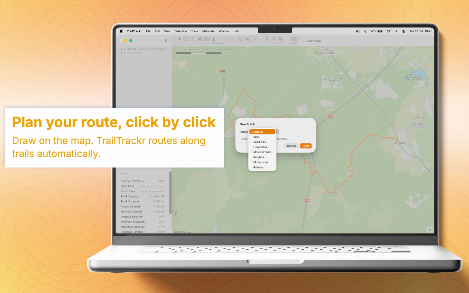 TrailTrackr for Mac with the dialog for drawing a new track by clicking on the map