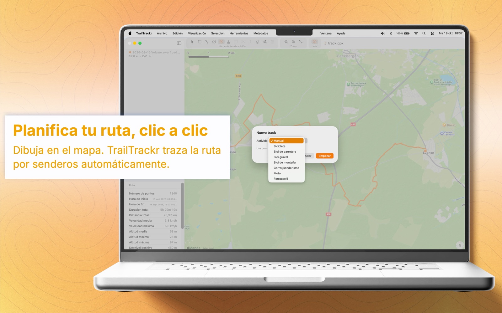 TrailTrackr para Mac con el cuadro de diálogo para dibujar una ruta nueva haciendo clic en el mapa