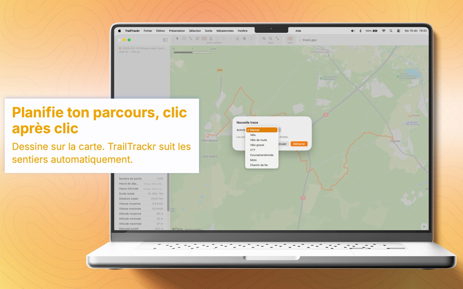 TrailTrackr pour Mac avec la boîte de dialogue pour tracer un nouveau parcours en cliquant sur la carte