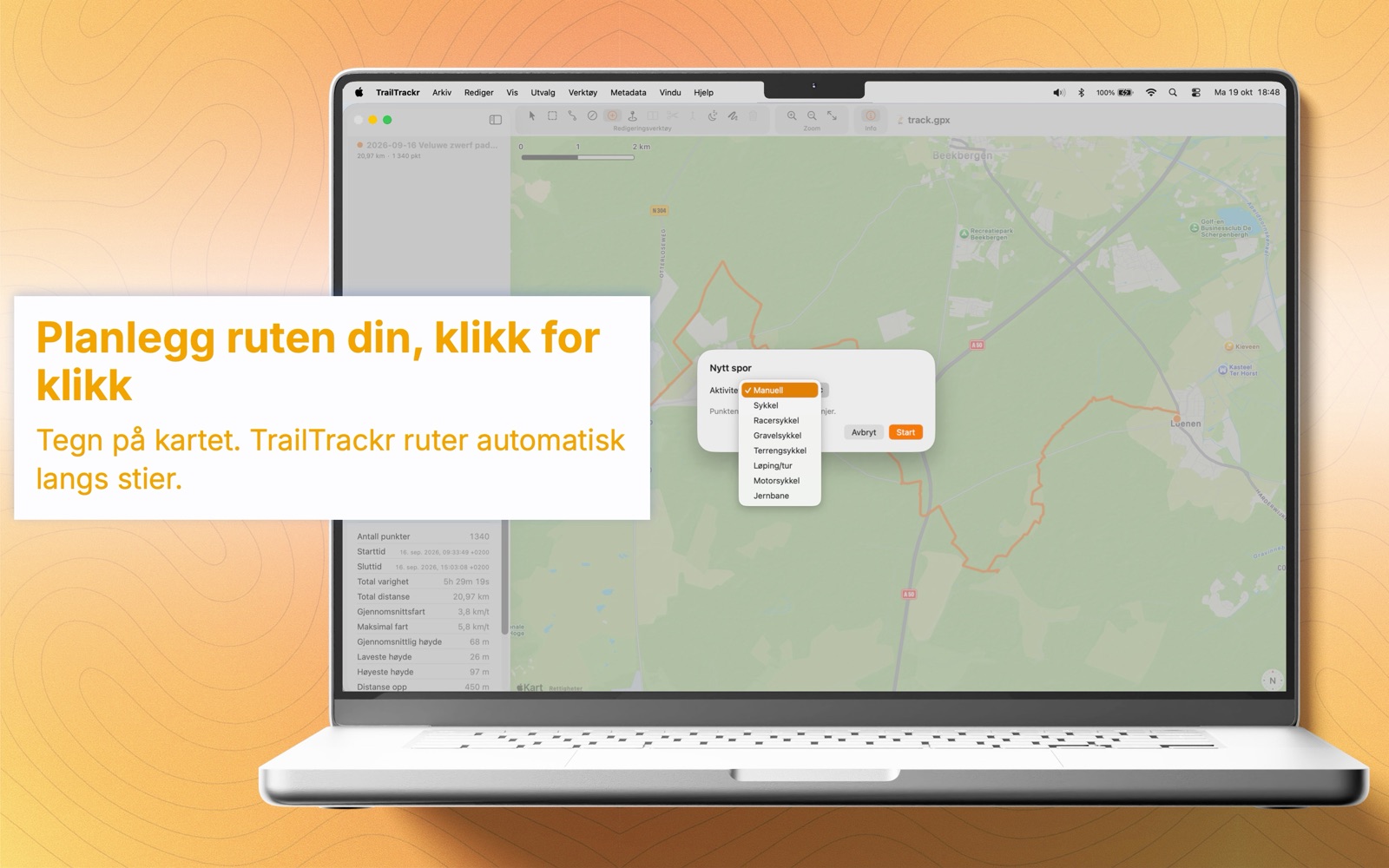 TrailTrackr for Mac med dialogen for å tegne et nytt spor ved å klikke på kartet