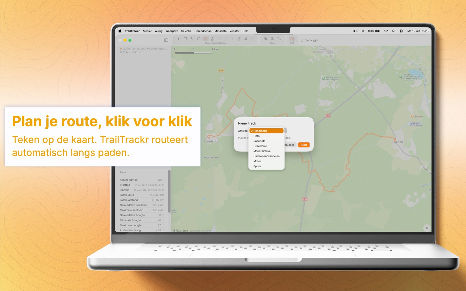 TrailTrackr voor Mac met het venster om een nieuwe track te tekenen door op de kaart te klikken