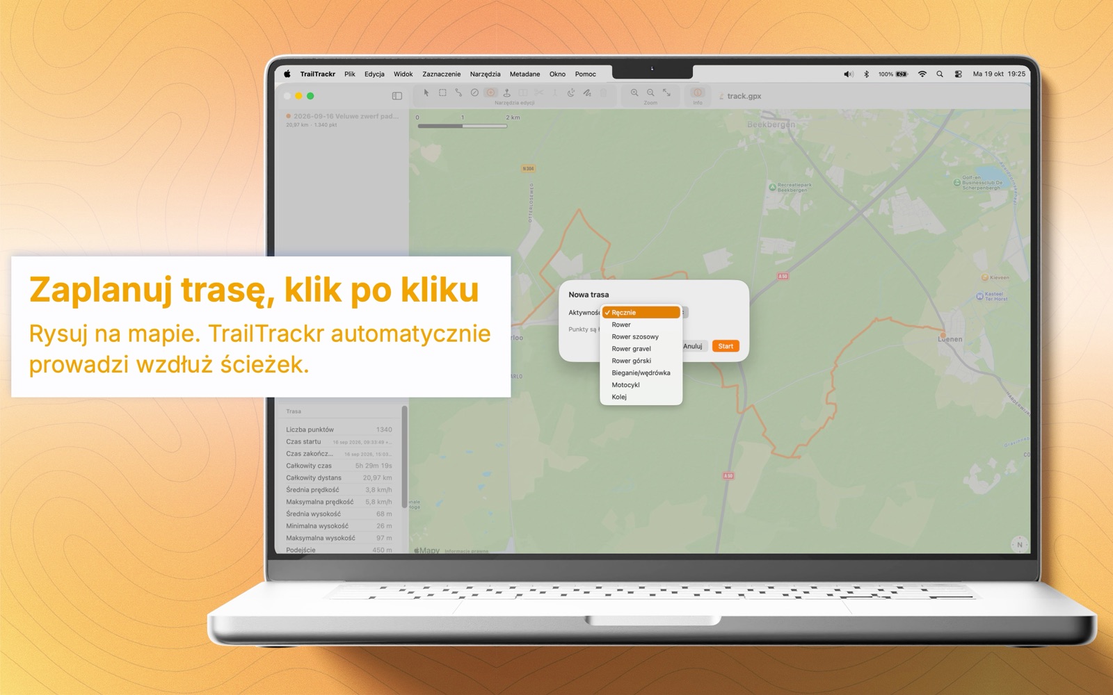 TrailTrackr na Maca z oknem do rysowania nowej trasy kliknięciami na mapie