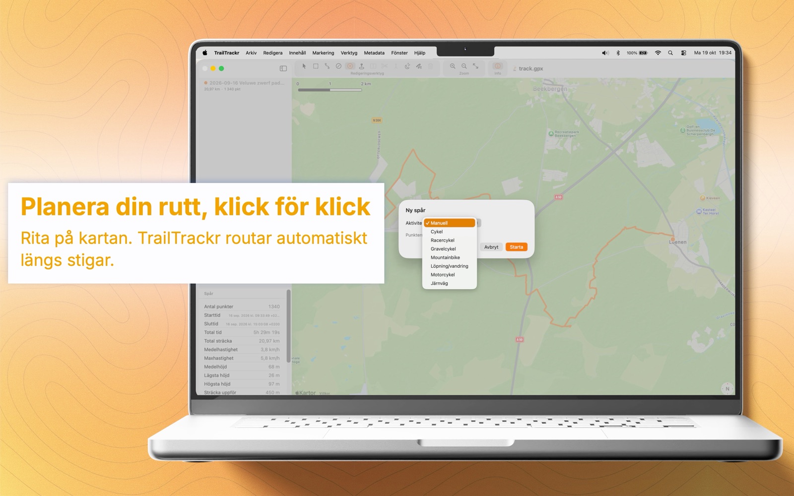 TrailTrackr för Mac med dialogen för att rita ett nytt spår genom att klicka på kartan
