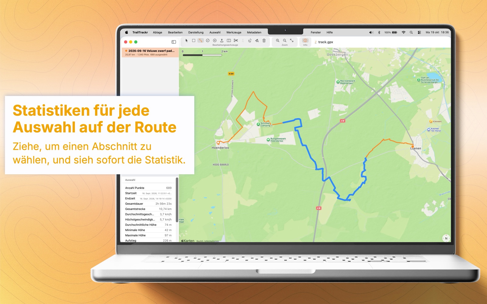 TrailTrackr für Mac mit der Statistik eines ausgewählten Abschnitts einer Route