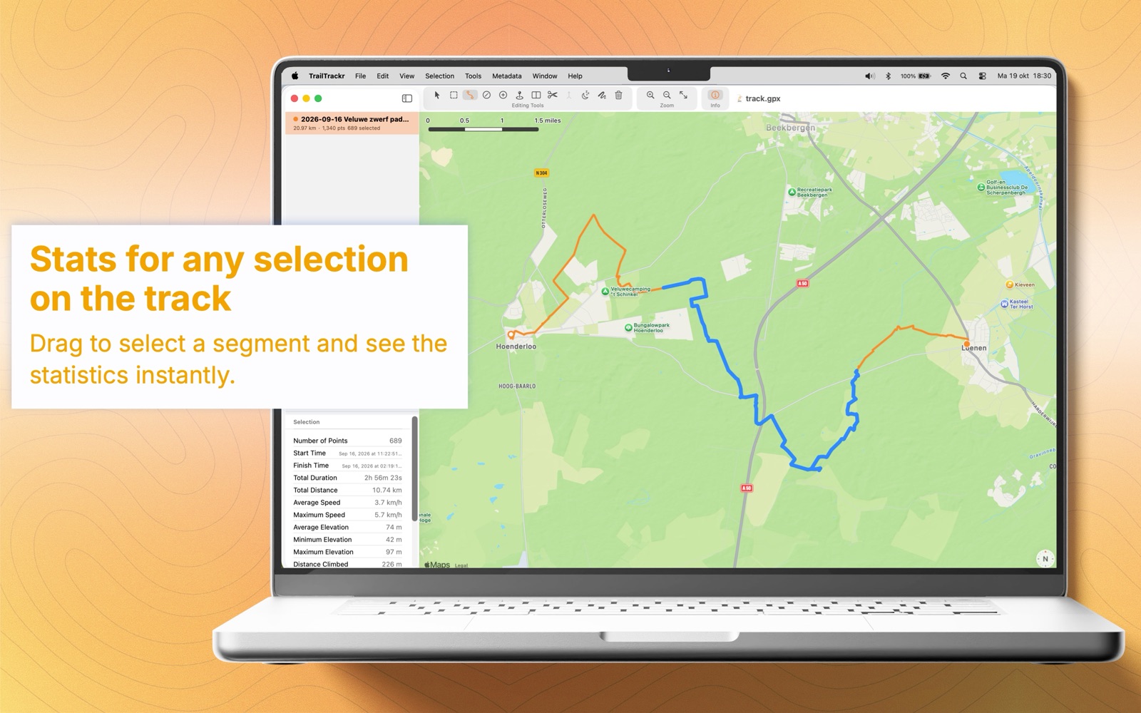 TrailTrackr for Mac showing the statistics of a selected part of a track