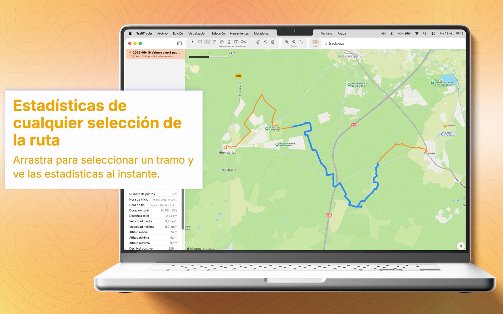 TrailTrackr para Mac mostrando las estadísticas de un tramo seleccionado de una ruta
