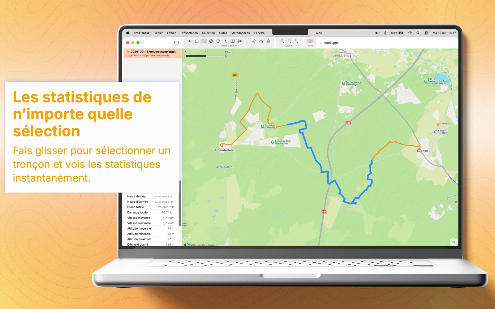 TrailTrackr pour Mac affichant les statistiques d’une partie sélectionnée d’un parcours