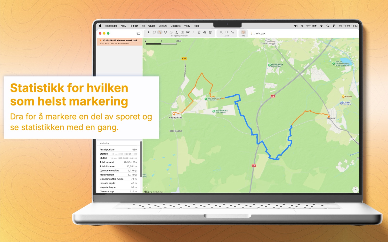TrailTrackr for Mac viser statistikken for en markert del av et spor