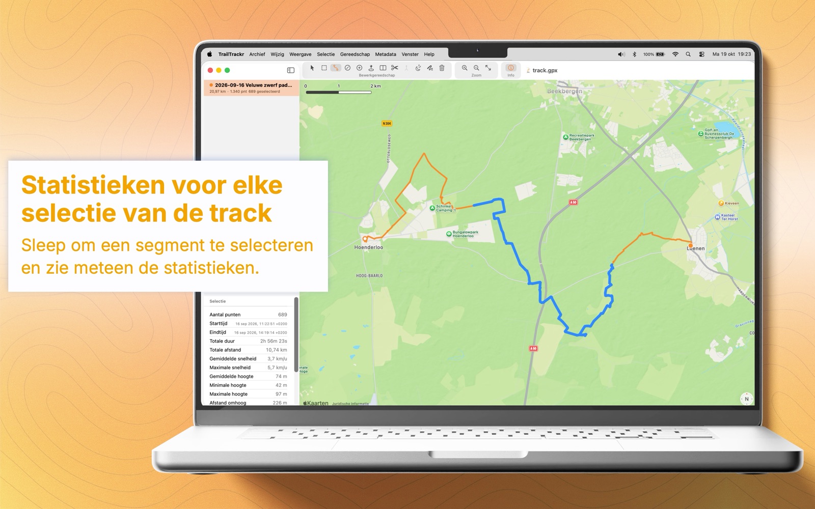 TrailTrackr voor Mac met de statistieken van een geselecteerd deel van een track