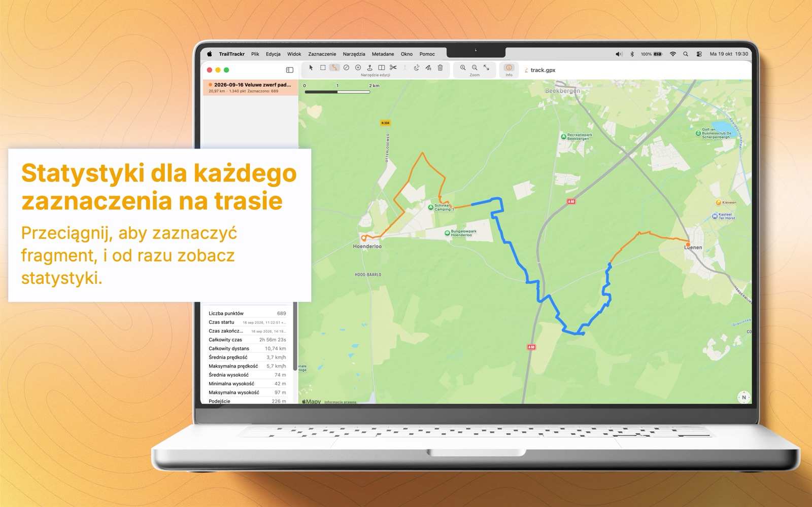 TrailTrackr na Maca ze statystykami zaznaczonego fragmentu trasy