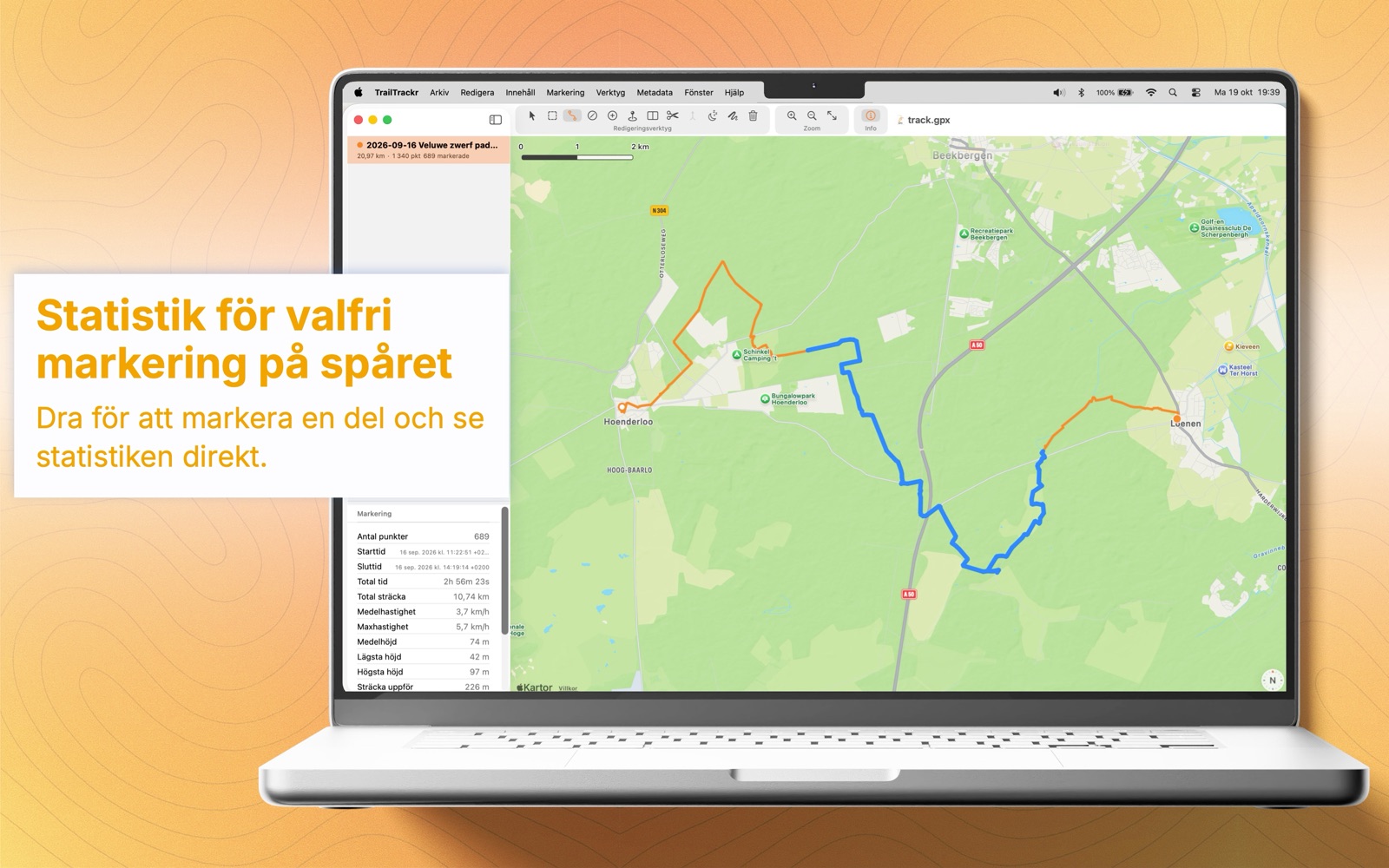 TrailTrackr för Mac visar statistiken för en markerad del av ett spår