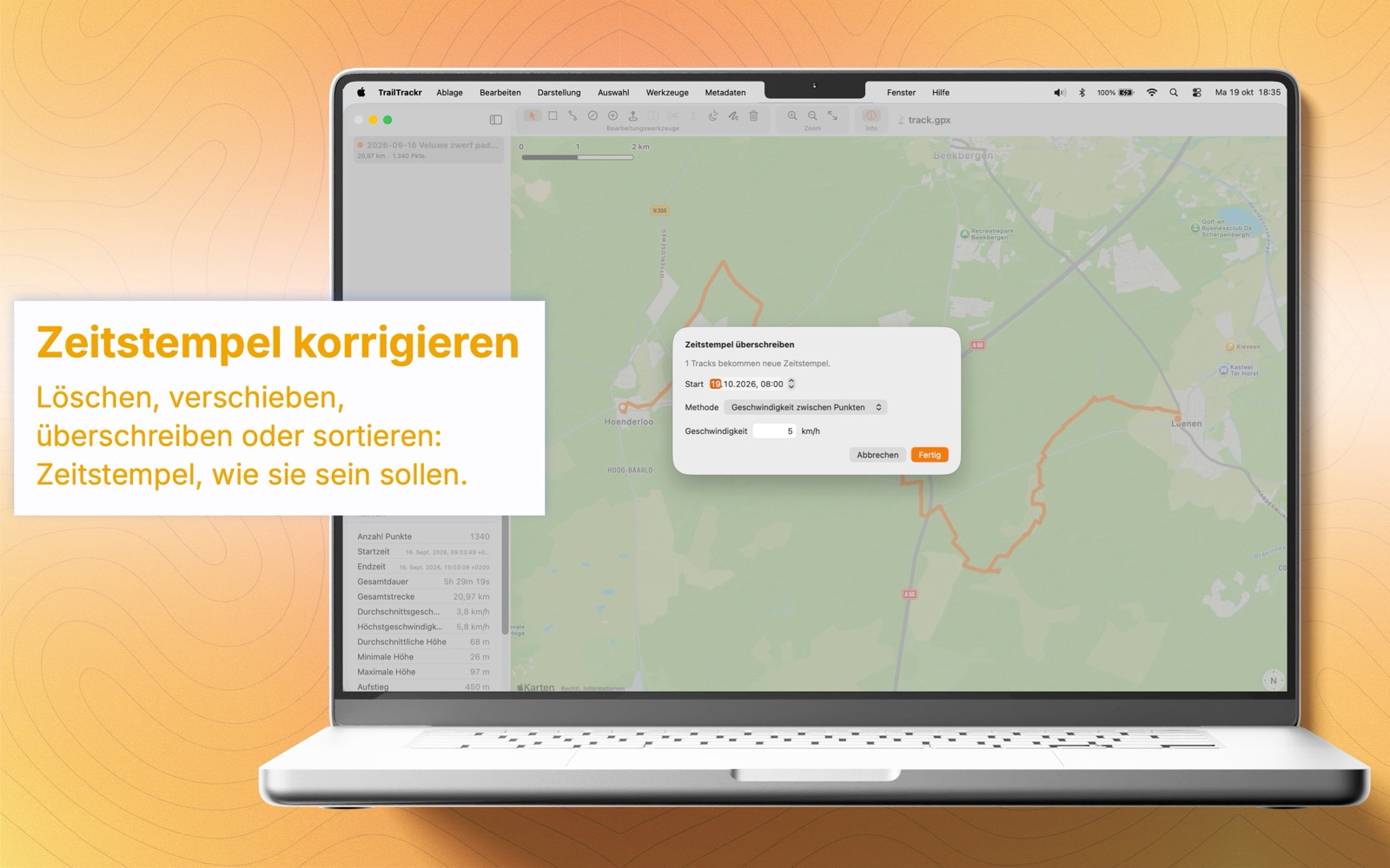 TrailTrackr für Mac mit dem Dialog zum Überschreiben der Zeitstempel einer Route