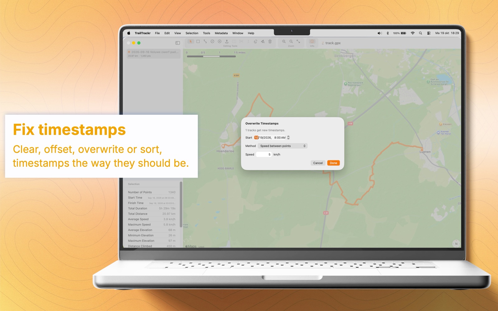 TrailTrackr for Mac with the dialog for overwriting the timestamps of a track