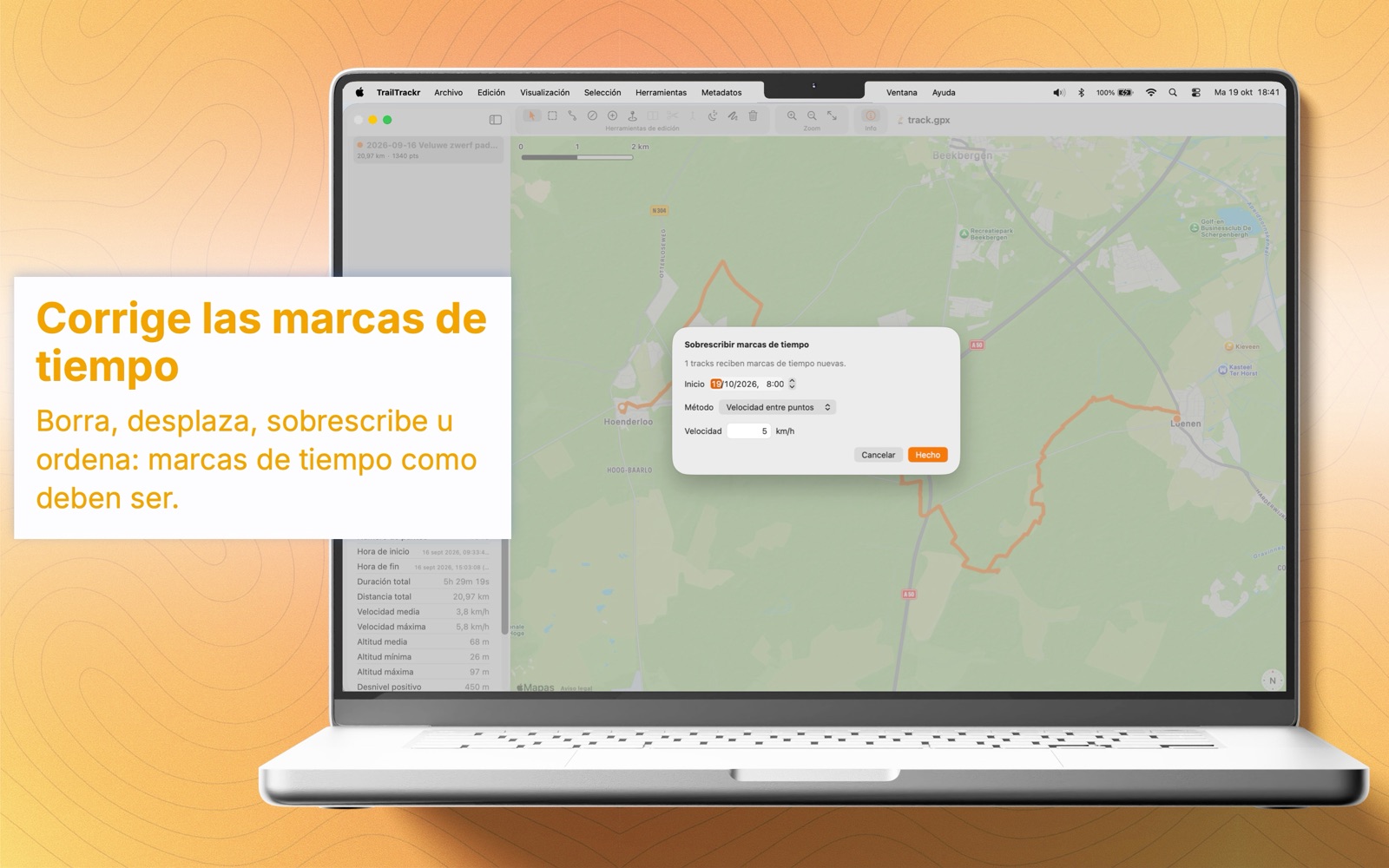 TrailTrackr para Mac con el cuadro para sobrescribir las marcas de tiempo de una ruta