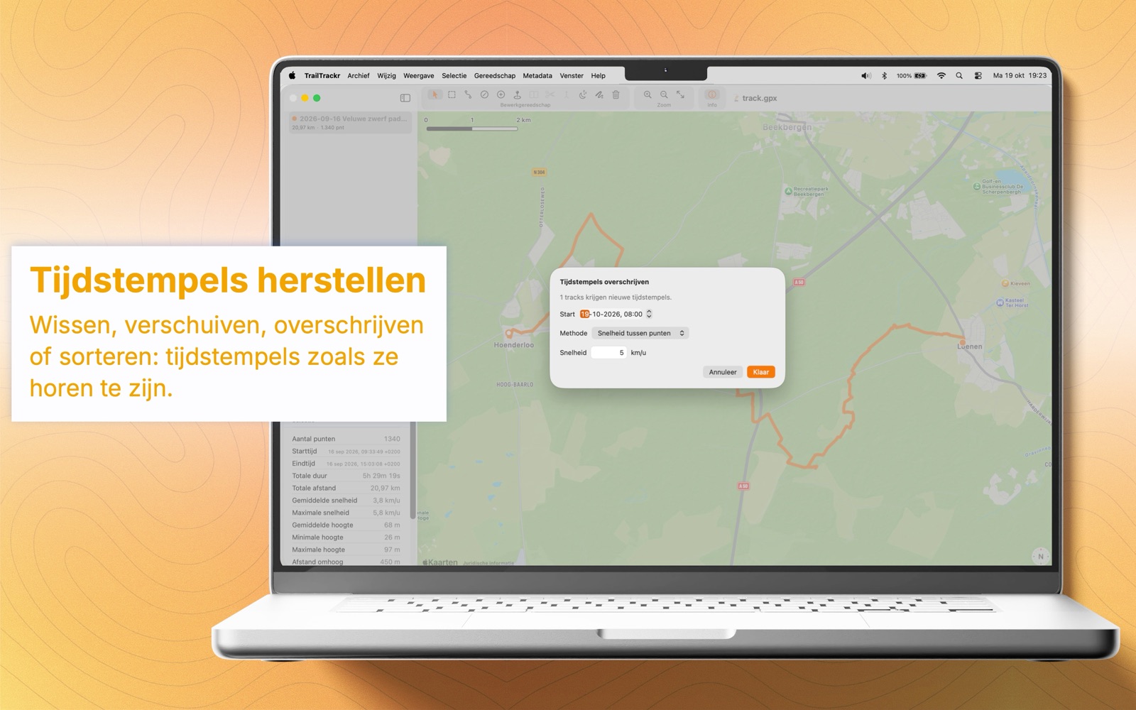 TrailTrackr voor Mac met het venster om de tijdstempels van een track te overschrijven