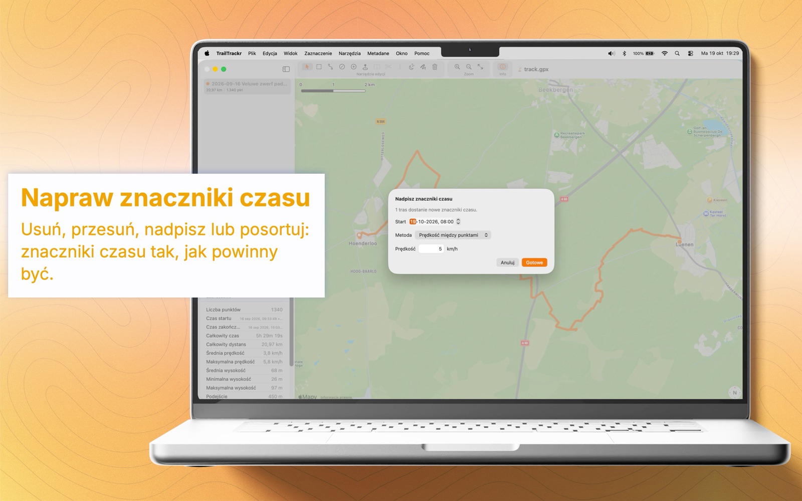 TrailTrackr na Maca z oknem nadpisywania znaczników czasu trasy