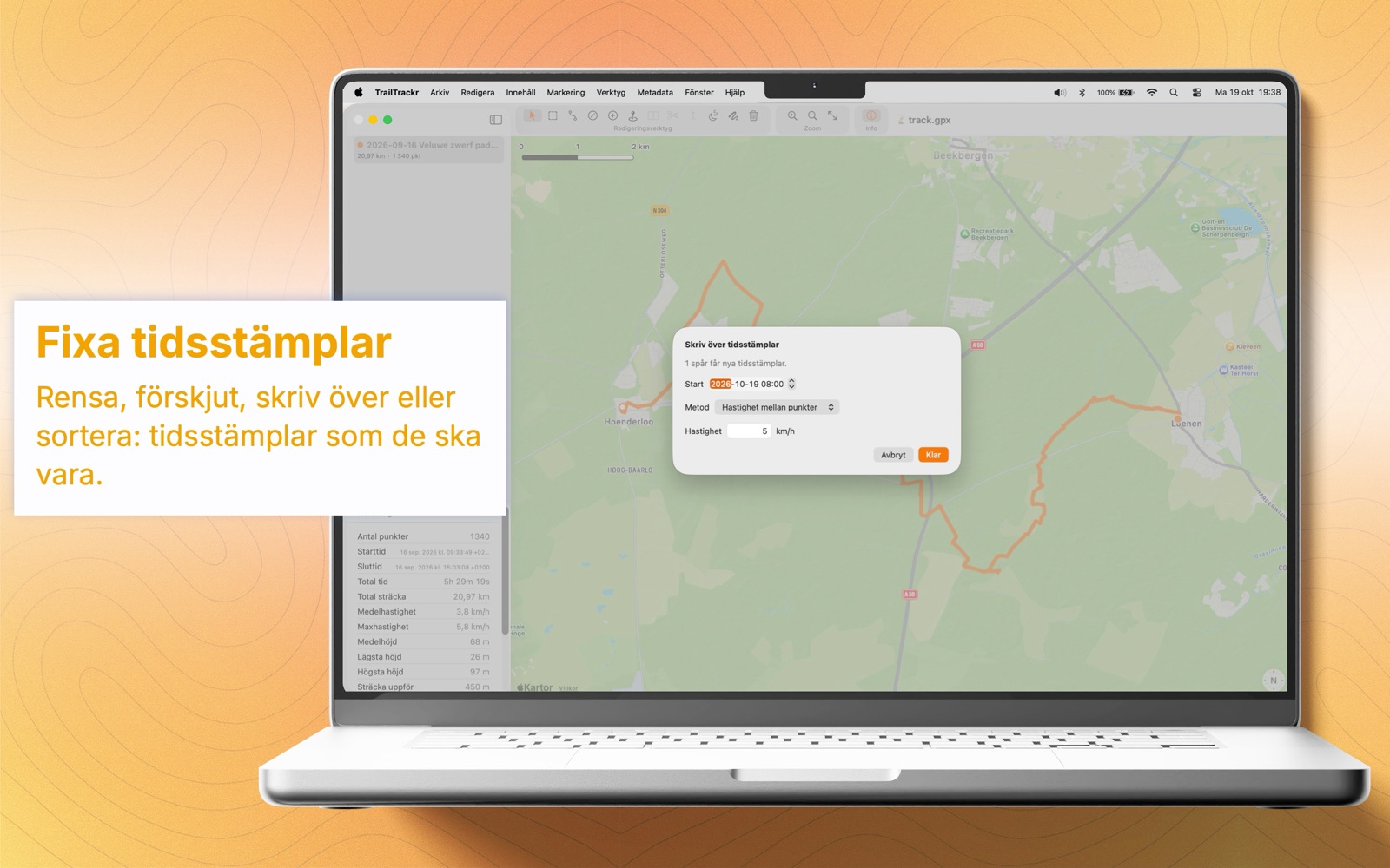 TrailTrackr för Mac med dialogen för att skriva över tidsstämplarna i ett spår