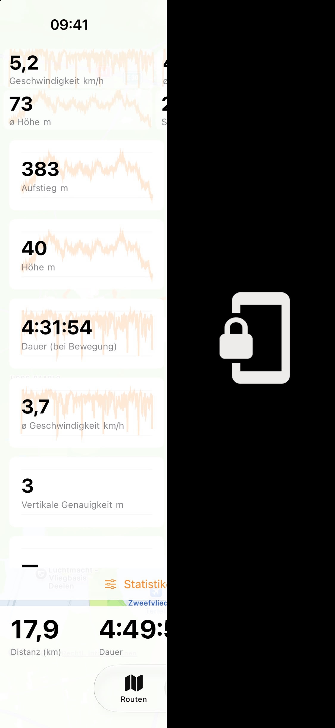 Aufzeichnungsbildschirm mit anpassbaren Statistiken neben einem Vorhängeschloss-Symbol, das die Sperrung des iPhone-Bildschirms zeigt