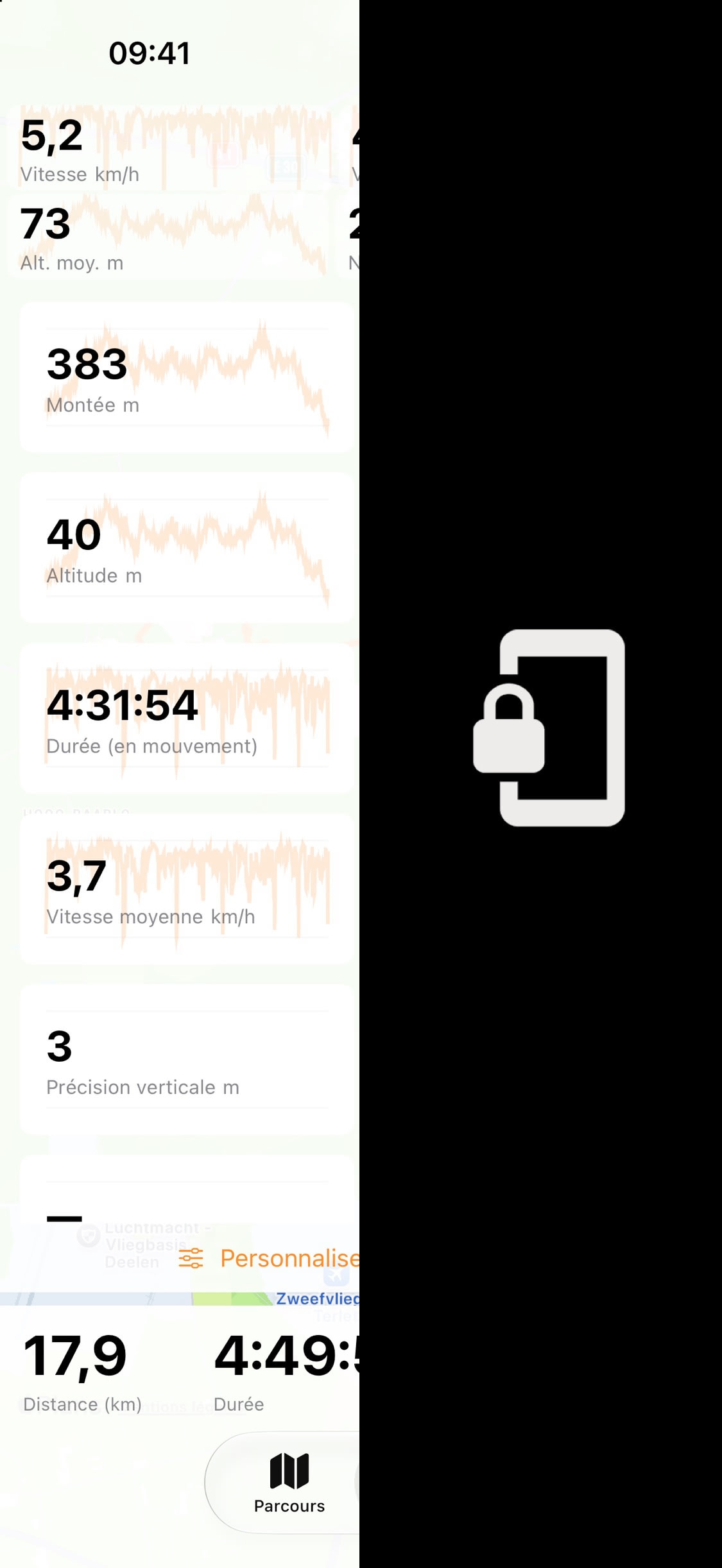 Écran d'enregistrement avec statistiques personnalisables à côté d'un cadenas montrant le verrouillage de l'écran de l'iPhone