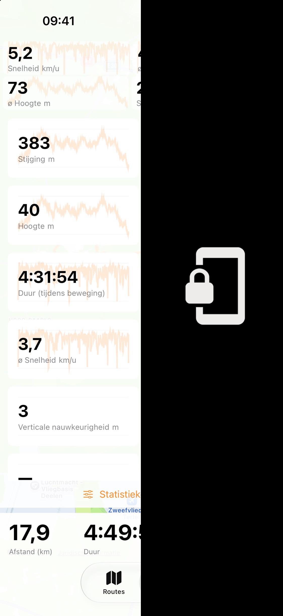 Opnamescherm met aanpasbare statistieken naast een hangslot-icoon dat het vergrendelen van het iPhone-scherm toont