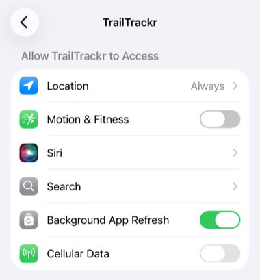 Open TrailTrackr in Settings