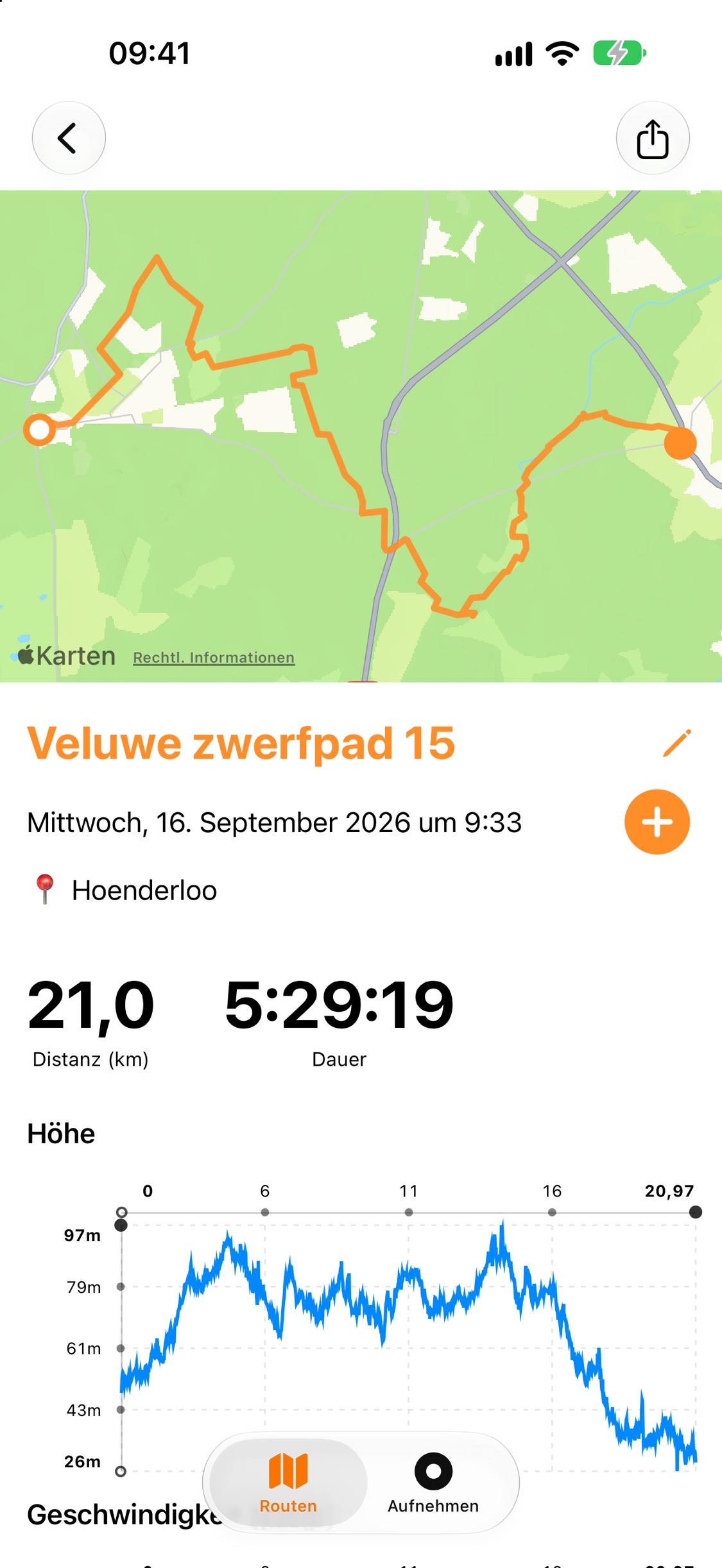 Routenzusammenfassung mit der Route auf einer Karte, 21,0 km Distanz, 5:29:36 Dauer und einem Höhendiagramm