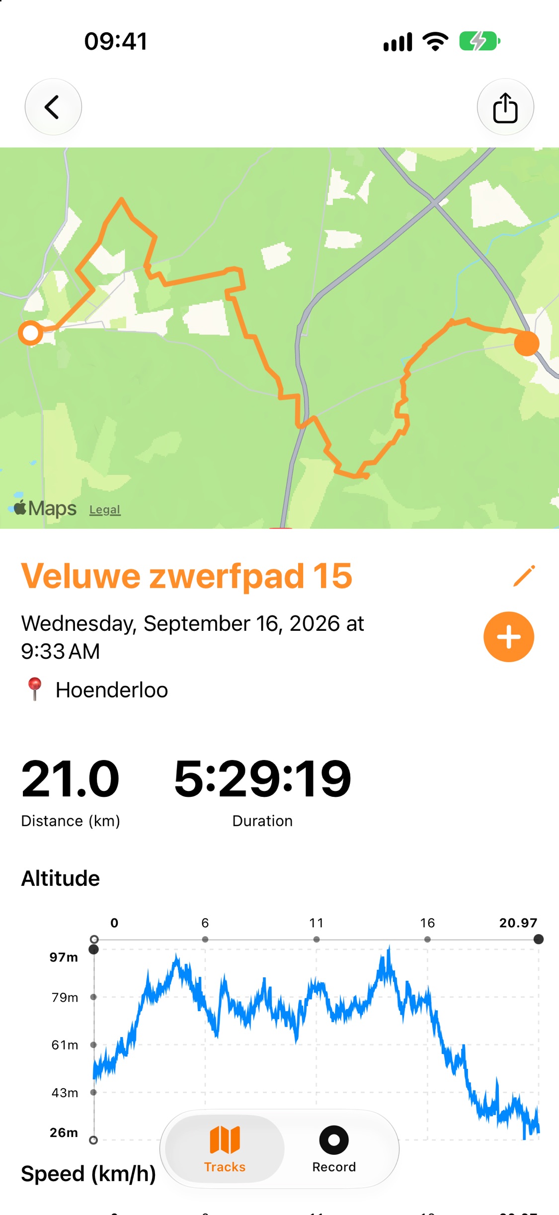 Track summary with the route drawn on a map, 21.0 km distance, 5:29:36 duration and an altitude chart
