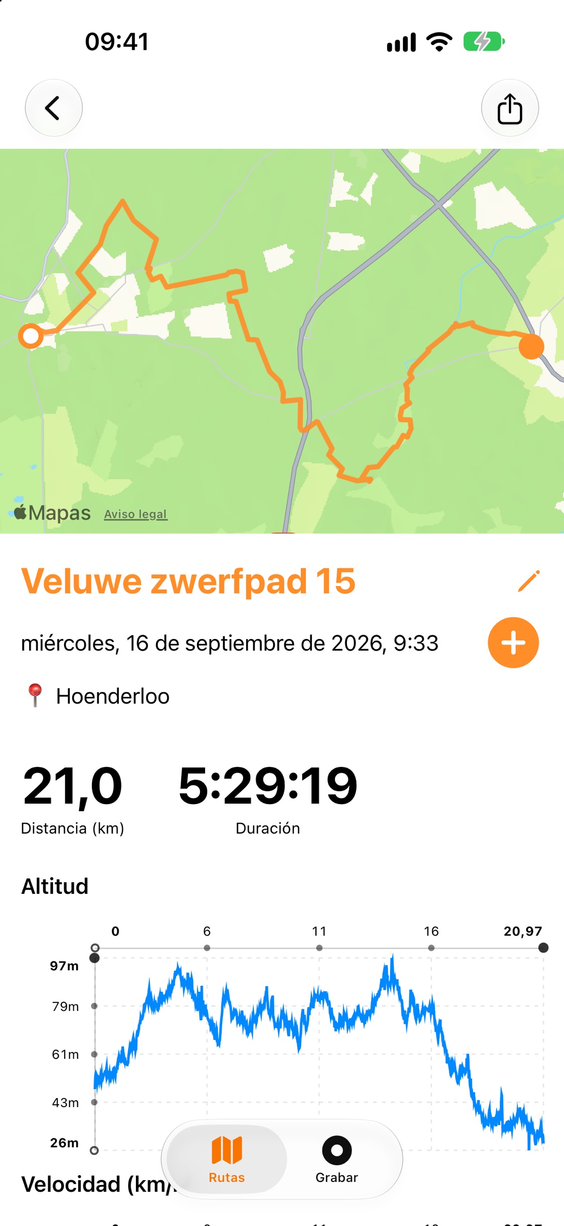 Resumen de la ruta dibujada en un mapa, con 21,0 km de distancia, 5:29:36 de duración y un gráfico de altitud