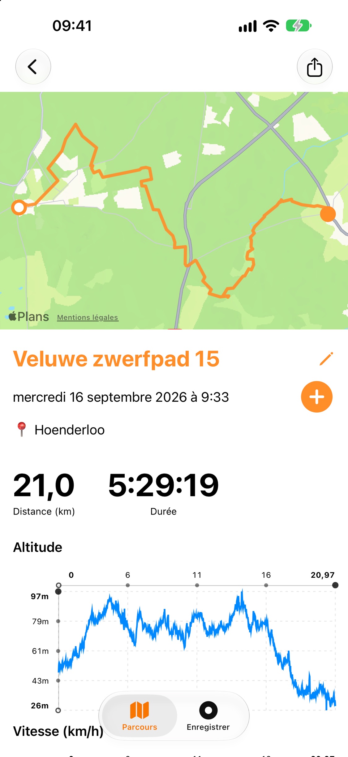 Résumé de parcours avec l'itinéraire tracé sur une carte, 21,0 km de distance, 5:29:36 de durée et un graphique d'altitude