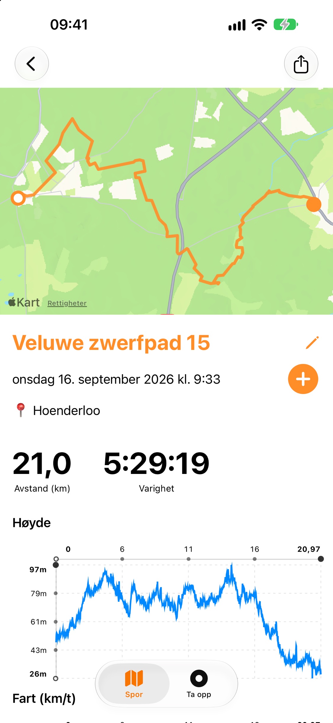 Sporsammendrag med ruten tegnet på et kart, 21,0 km distanse, varighet 5:29:36 og et høydediagram