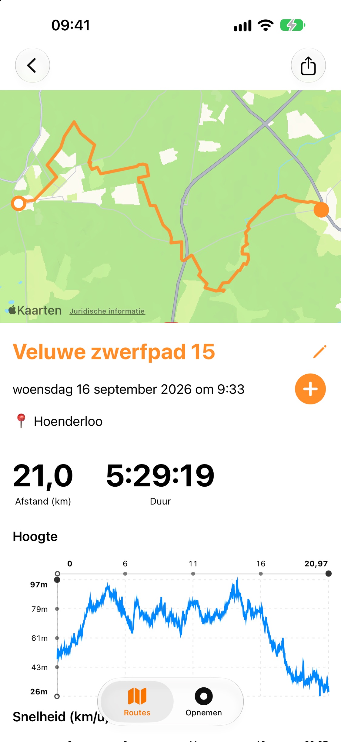 Routesamenvatting met de route op een kaart, 21,0 km afstand, een duur van 5:29:36 en een hoogtegrafiek